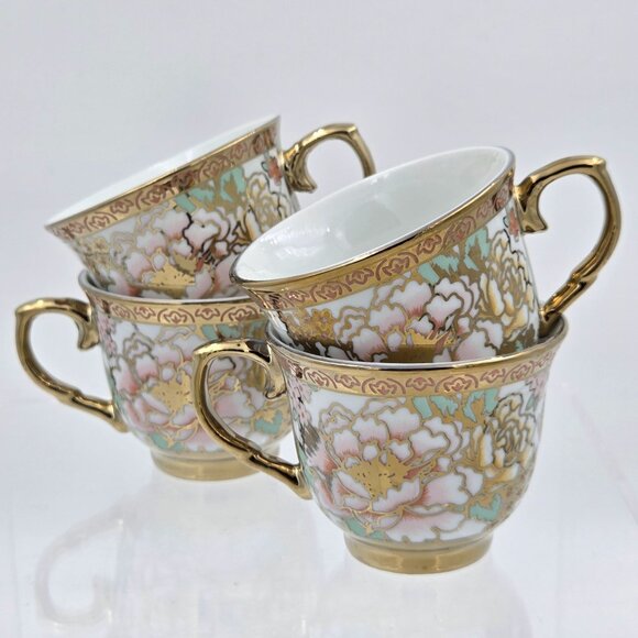 10 Piece Gift Pink Peonies Gold Accent Mini Tea Pot Set 4 Cup Spoon Metal Holder - Picture 8 of 12